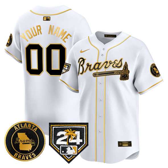 Mens Atlanta Braves Customized White Gold 2024 Spring Training Patch Limited Stitched Baseball Jersey->customized mlb jersey->Custom Jersey