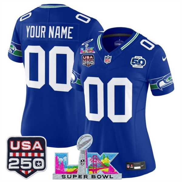 Womens Seattle Seahawks Active Player Custom Royal 2025 F.U.S.E. Super Bowl LX Patch And 50th Season & USA 250 Patch Vapor Throwback Limited Stitched Jersey->customized nfl jersey->Custom Jersey