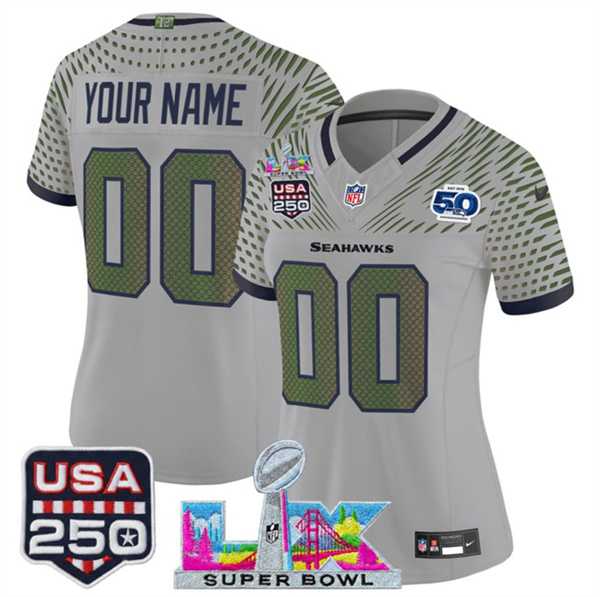 Womens Seattle Seahawks Active Player Custom Gray 2025 F.U.S.E. Super Bowl LX & US 250th anniversary Patch And 50th Season Patch Rivalries Vapor Limited Stitched Jersey->customized nfl jersey->Custom Jersey