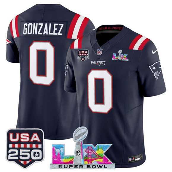 Mens New England Patriots #0 Christian Gonzalez Navy 2025 F.U.S.E. Super Bowl LX Patch And USA 250 Patch Vapor Limited Stitched Jersey->new england patriots->NFL Jersey