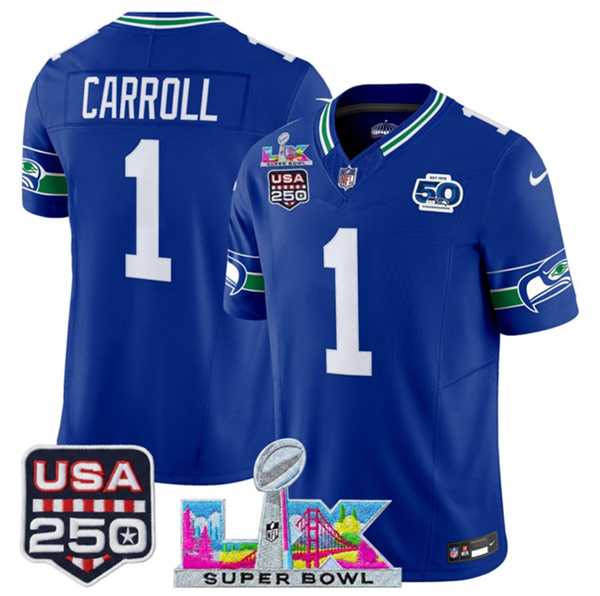 Mens Seattle Seahawks #1 Pete Carroll Royal 2025 F.U.S.E. Super Bowl LX Patch And 50th Season & USA 250 Patch Vapor Throwback Limited Stitched Jersey->seattle seahawks->NFL Jersey