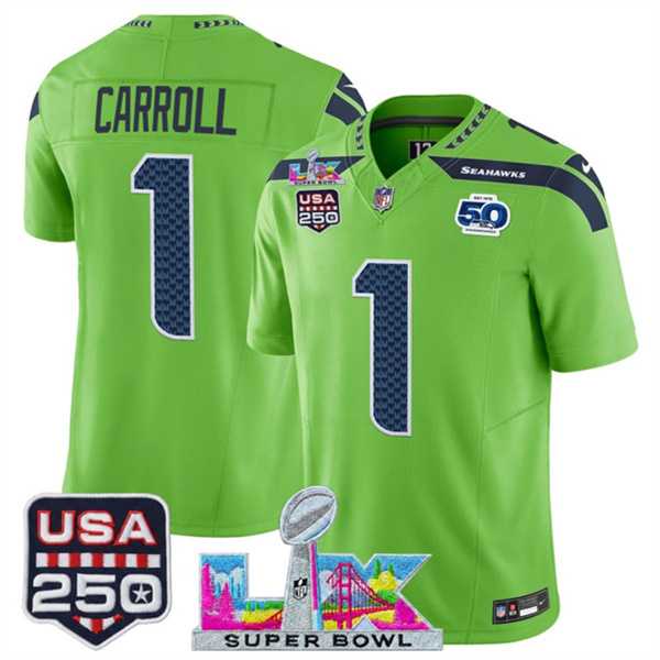 Mens Seattle Seahawks #1 Pete Carroll Green 2025 F.U.S.E. Super Bowl LX Patch And 50th Season & USA 250 Patch Vapor Limited Stitched Jersey->seattle seahawks->NFL Jersey
