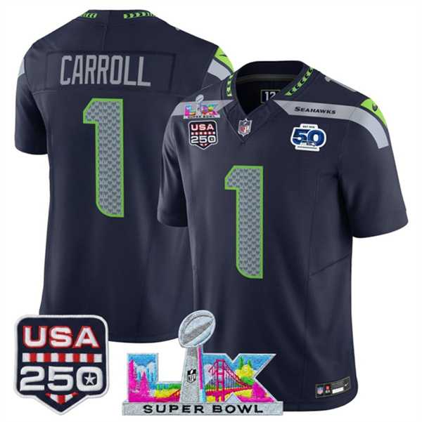 Mens Seattle Seahawks #1 Pete Carroll Navy 2025 F.U.S.E. Super Bowl LX Patch And 50th Season & USA 250 Patch Vapor Limited Stitched Jersey->seattle seahawks->NFL Jersey