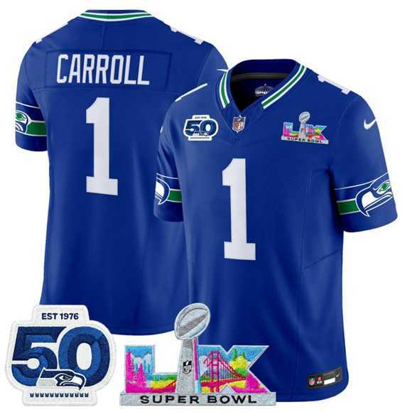 Mens Seattle Seahawks #1 Pete Carroll Royal 2025 F.U.S.E. Super Bowl LX Patch And 50th Season Patch Vapor Throwback Limited Stitched Jersey->seattle seahawks->NFL Jersey