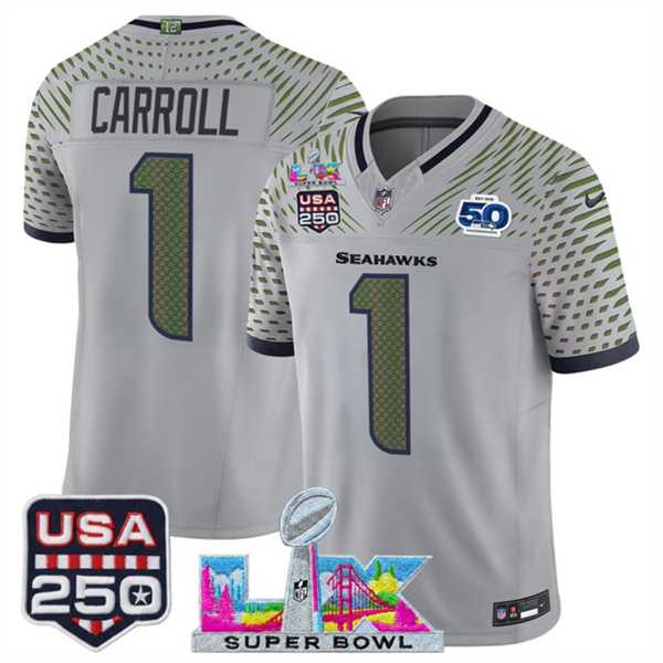 Mens Seattle Seahawks #1 Pete Carroll Gray 2025 F.U.S.E. Super Bowl LX & US 250th anniversary Patch And 50th Season Patch Rivalries Vapor Limited Stitched Jersey->seattle seahawks->NFL Jersey