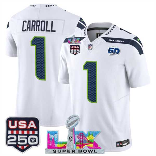 Mens Seattle Seahawks #1 Pete Carroll White 2025 F.U.S.E. Super Bowl LX Patch And 50th Season & USA 250 Patch Vapor Limited Stitched Jersey->seattle seahawks->NFL Jersey