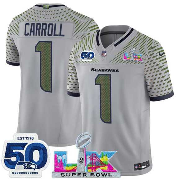 Mens Seattle Seahawks #1 Pete Carroll Gray 2025 F.U.S.E. Super Bowl LX Patch And 50th Season Patch Rivalries Vapor Limited Stitched Jersey->seattle seahawks->NFL Jersey