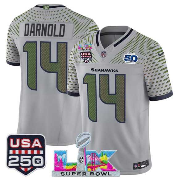Mens Seattle Seahawks #14 Sam Darnold Gray 2025 F.U.S.E. Super Bowl LX & US 250th anniversary Patch And 50th Season Patch Rivalries Vapor Limited Stitched Jersey->seattle seahawks->NFL Jersey