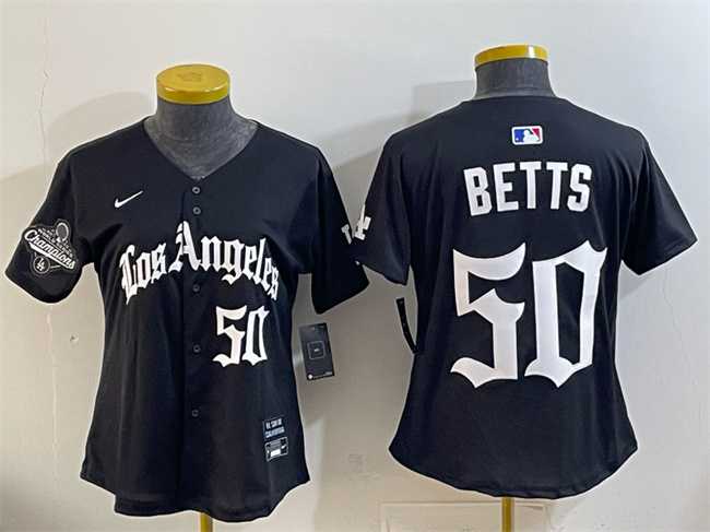 Womens Los Angeles Dodgers #50 Mookie Betts Black 2025 World Series Champions LA Gothic Edition Limited Stitched Jersey Dzhi->mlb womens jerseys->MLB Jersey