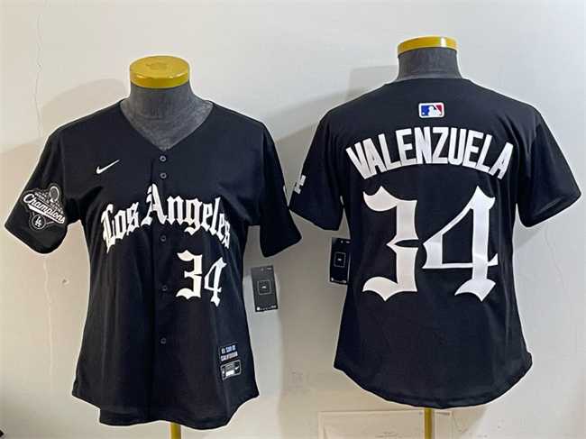 Womens Los Angeles Dodgers #34 Fernando Valenzuela Black 2025 World Series Champions LA Gothic Edition Limited Stitched Jersey Dzhi->mlb womens jerseys->MLB Jersey