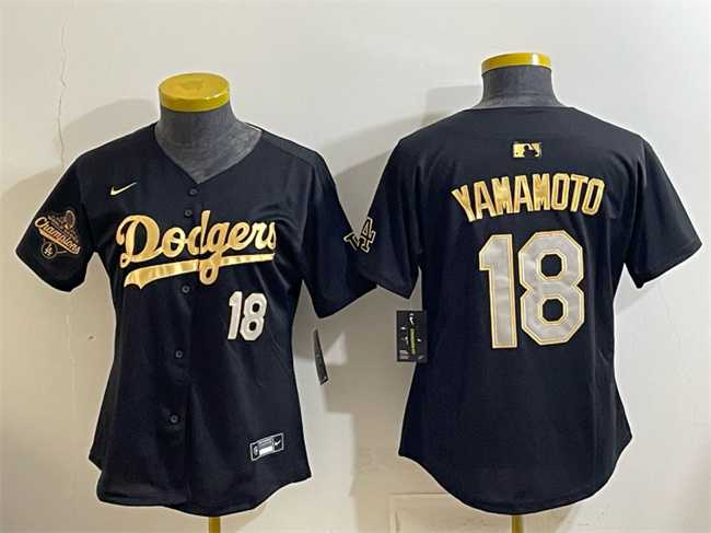 Womens Los Angeles Dodgers #18 Yoshinobu Yamamoto Black Gold 2025 World Series Champions Patch Limited Stitched Jersey Dzhi->mlb womens jerseys->MLB Jersey