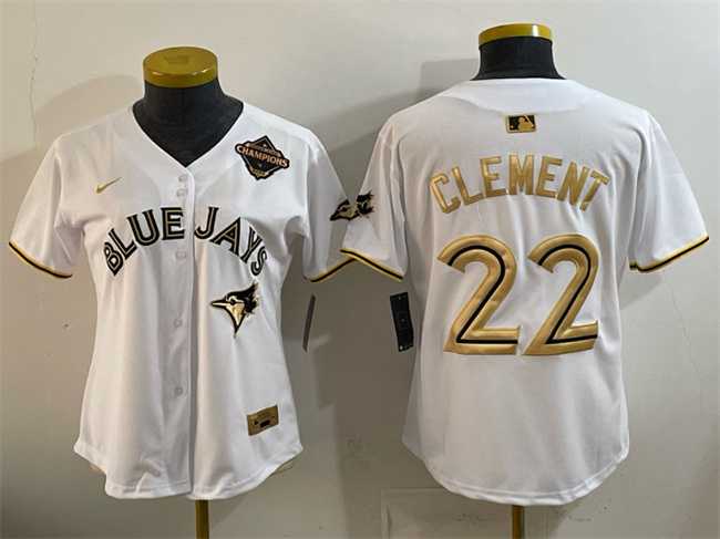 Womens Toronto Blue Jays #22 Ernie Clement White Gold 2025 American League Champions Limited Stitched Jersey Dzhi->mlb womens jerseys->MLB Jersey