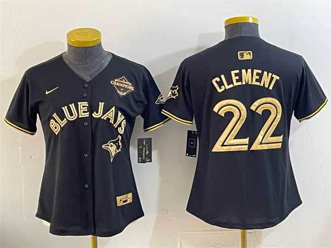 Womens Toronto Blue Jays #22 Ernie Clement Black Gold 2025 American League Champions Limited Stitched Jersey Dzhi->mlb womens jerseys->MLB Jersey