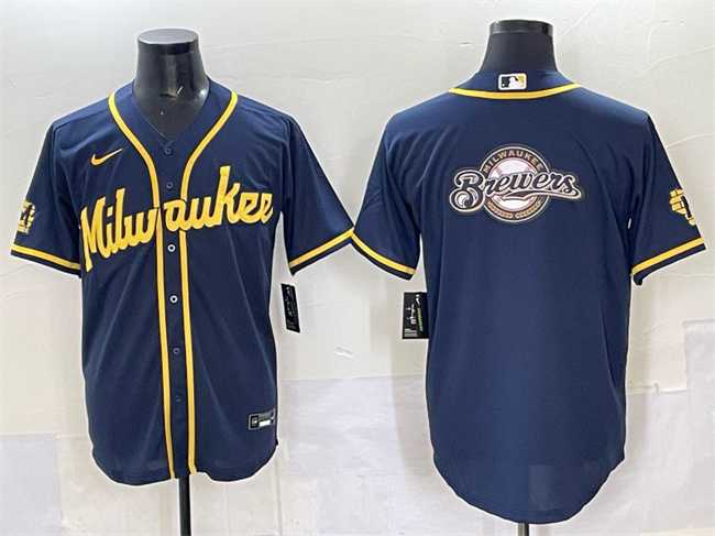 Men%27s Milwaukee Brewers Team Big Logo Navy 2025 With Patch Stitched Jersey->milwaukee brewers->MLB Jersey