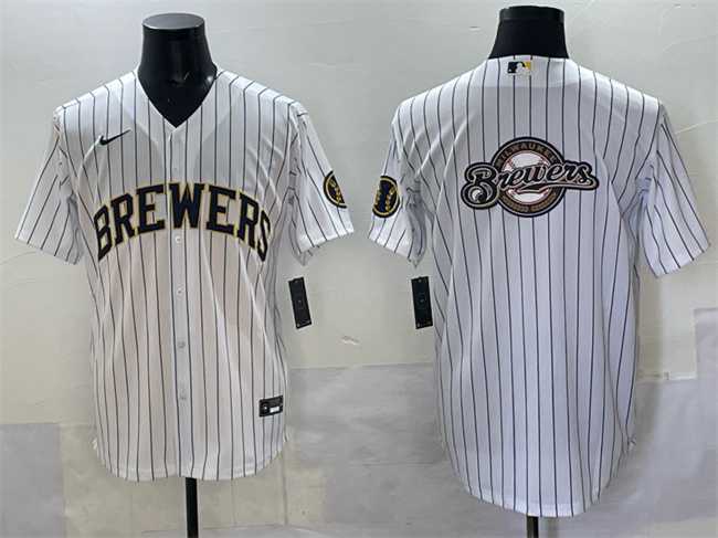 Men%27s Milwaukee Brewers Team Big Logo White Pinstripe 2025 With Patch Stitched Jersey->milwaukee brewers->MLB Jersey