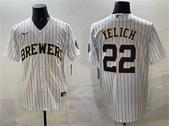 Men%27s Milwaukee Brewers #22 Christian Yelich White Pinstripe 2025 With Patch Stitched Jersey->milwaukee brewers->MLB Jersey