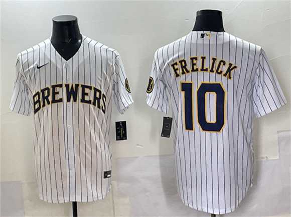 Men%27s Milwaukee Brewers #10 Sal Frelick White Pinstripe 2025 With Patch Stitched Jersey->los angeles dodgers->MLB Jersey