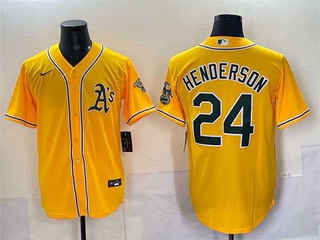 Mens Oakland Athletics #24 Rickey Henderson Yellow With Patch Stitched Jersey->oakland athletics->MLB Jersey