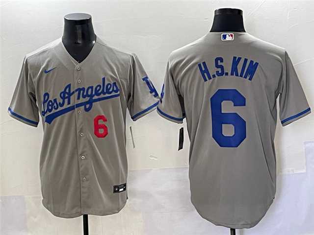 Men%27s Los Angeles Dodgers #6 Hyeseong Kim Number Grey With los Cool Base Stitched Jersey->los angeles dodgers->MLB Jersey