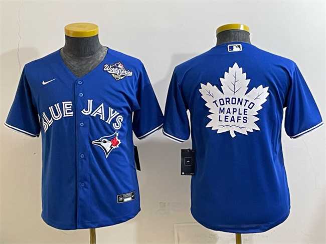 Youth Toronto Blue Jays & Leafs Royal 2025 World Series With White Leafs Logo Cool Base Stitched Jersey->mlb youth jerseys->MLB Jersey