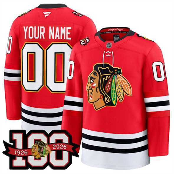 Mens Chicago Blackhawks Active Player Custom Red 2025 Home 100th Anniversary Stitched Hockey Jersey->customized nhl jersey->Custom Jersey