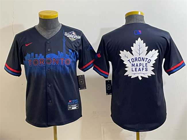 Youth Toronto Blue Jays & Leafs Navy 2025 World Series City Connect With White Leafs Logo Limited Stitched Baseball Jersey->mlb youth jerseys->MLB Jersey
