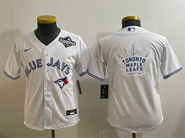 Youth Toronto Blue Jays & Leafs White 2025 World Series With White Leafs Logo Cool Base Stitched Baseball Jersey->mlb youth jerseys->MLB Jersey