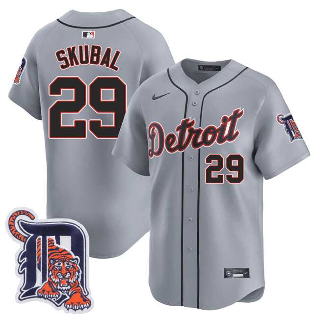 Men%27s Detroit Tigers #29 Tarik Skubal Gray Logo Patch Vapor Premier Limited Stitched Baseball Jersey Dzhi->detroit tigers->MLB Jersey
