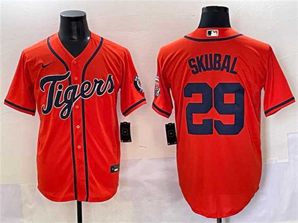 Men%27s Detroit Tigers #29 Tarik Skubal Orange With Patch Cool Base Stitched Baseball Jersey->detroit tigers->MLB Jersey