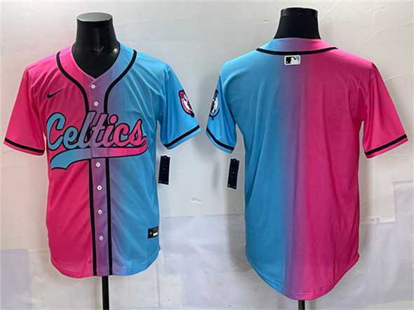 Mens Boston Celtics Blank Pink Blue Limited Stitched Baseball Jersey->boston celtics->NBA Jersey