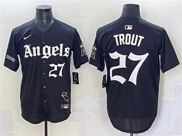 Mens Los Angeles Angels #27 Mike Trout Black Gothic Halo Edition Vapor Limited Stitched Jersey->los angeles angels->MLB Jersey
