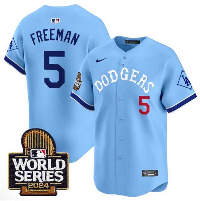 Men%27s Los Angeles Dodgers #5 Freddie Freeman Blue With 2024 World Series Patch Vapor Premier Limited Stitched Baseball Jersey Dzhi->los angeles dodgers->MLB Jersey