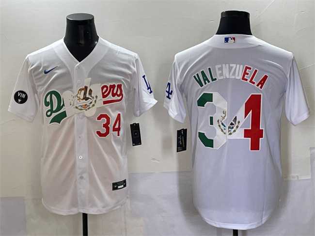 Men%27s Los Angeles Dodgers #34 Fernando Valenzuela White Mexico Special Vin Scully Patch Stitched Baseball Jersey Dzhi->los angeles dodgers->MLB Jersey