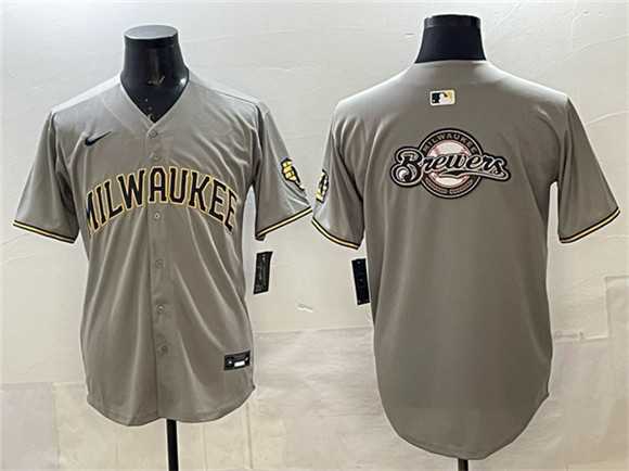 Mens Milwaukee Brewers Team Big Logo Gray Home Limited Stitched Jersey->milwaukee brewers->MLB Jersey
