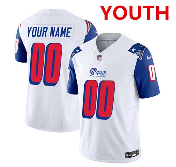 Youth New England Patriots active player custom white blue 2023 f.u.s.e. throwback limited stitched jersey->customized nfl jersey->Custom Jersey