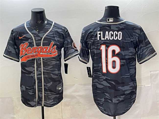 Mens Cincinnati Bengals #16 Joe Flacco Grey Camo With Patch Cool Base Stitched Baseball Jersey->cincinnati bengals->NFL Jersey