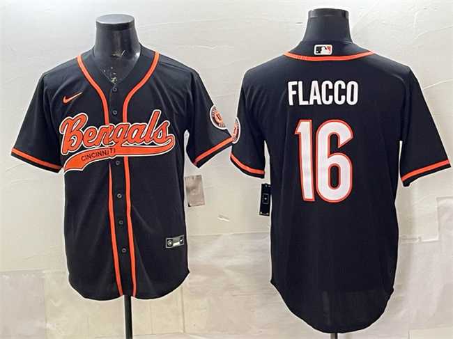 Mens Cincinnati Bengals #16 Joe Flacco Black With Patch Cool Base Stitched Baseball Jersey->cincinnati bengals->NFL Jersey