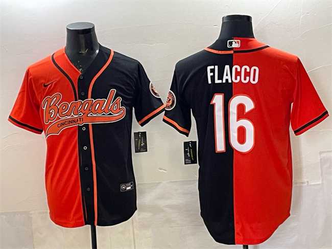 Mens Cincinnati Bengals #16 Joe Flacco Orange Black Split With Patch Cool Base Stitched Baseball Jersey->cincinnati bengals->NFL Jersey