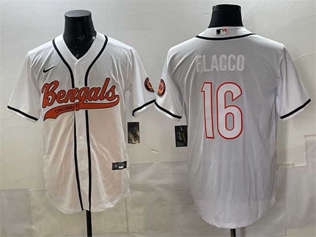 Mens Cincinnati Bengals #16 Joe Flacco White With Patch Cool Base Stitched Baseball Jersey->cincinnati bengals->NFL Jersey