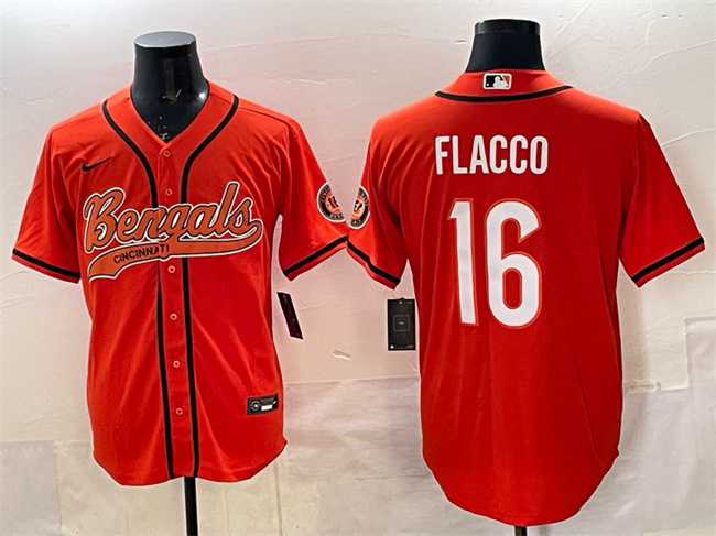 Mens Cincinnati Bengals #16 Joe Flacco Orange With Patch Cool Base Stitched Baseball Jersey->cincinnati bengals->NFL Jersey