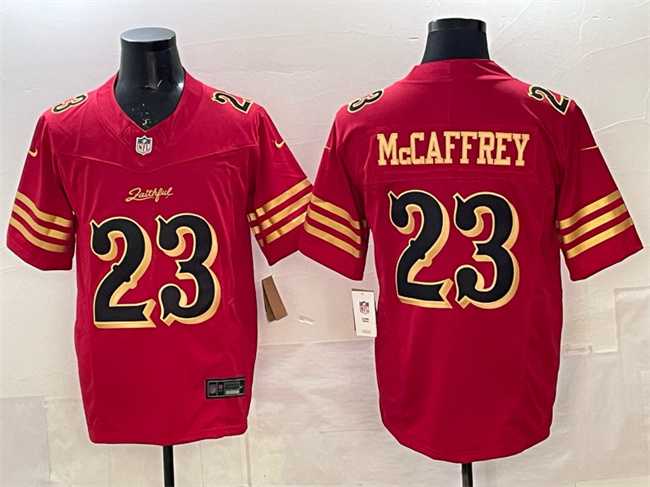Mens San Francisco 49ers #23 Christian McCaffrey Red Gold 2025 F.U.S.E. Rivalries Vapor Limited Stitched Jersey Dzhi->san francisco 49ers->NFL Jersey