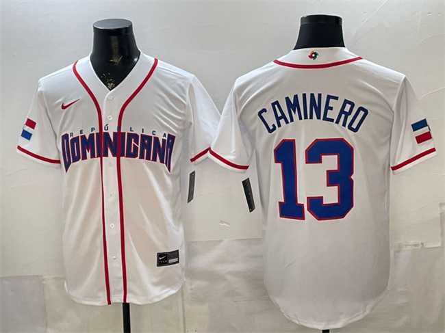 Mens Dominican Republic Baseball #13 Junior Caminero White 2026 World Baseball Classic Home Stadium Stitched Jersey->2026 world baseball classic->MLB Jersey