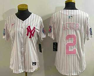 Womens New York Yankees #2 Derek Jeter White Pink Pinstripe Fashion Cool Base Jersey->mlb womens jerseys->MLB Jersey