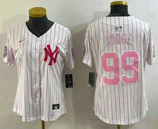 Womens New York Yankees #99 Aaron Judge White Pink Pinstripe Fashion Cool Base Jersey->mlb womens jerseys->MLB Jersey