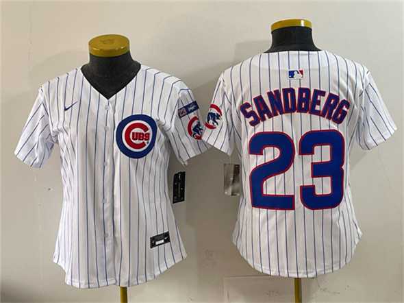 Womens Chicago Cubs #23 Ryne Sandberg White Pinstripe Ryne Sandberg Tribute Vapor Limited V3 Stitched Jersey->mlb womens jerseys->MLB Jersey