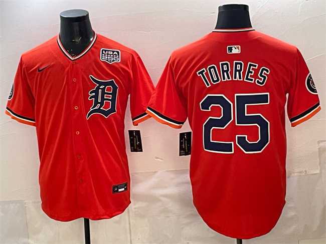 Mens Detroit Tigers #25 Gleyber Torres Orange 2026 Alternate USA 250 Patch Vapor Premier Limited Stitched Jersey Dzhi->detroit tigers->MLB Jersey