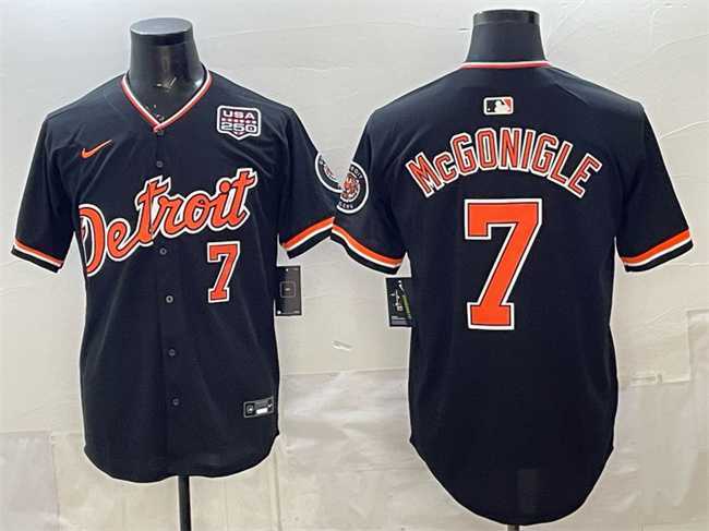 Mens Detroit Tigers #7 Kevin McGonigle Black 2026 Alternate USA 250 Patch Vapor Premier Limited Stitched Jersey Dzhi->detroit tigers->MLB Jersey