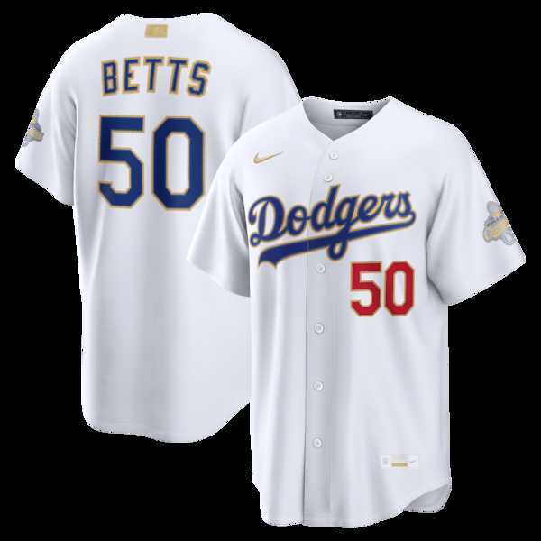 Mens Los Angeles Dodgers #50 Mookie Betts Nike White 2026 Gold Collection Stadium Jersey Dzhi->los angeles dodgers->MLB Jersey