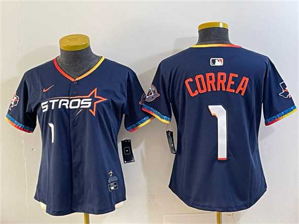 Womens Houston Astros #1 Carlos Correa Navy 2025 City Connect With Texas Patch Limited Stitched Jersey->mlb womens jerseys->MLB Jersey