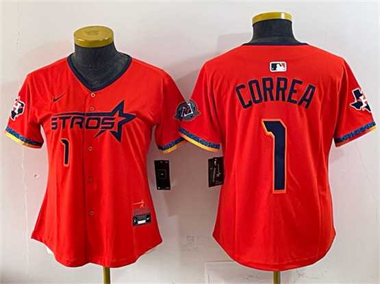 Womens Houston Astros #1 Carlos Correa Orange 2025 City Connect With Texas Patch Limited Stitched Jersey->mlb womens jerseys->MLB Jersey
